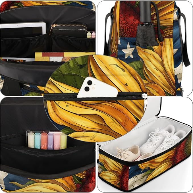cfpolar Woman Travel Duffel Bag Sunflower American Flag Foldable Tote Carry On Luggage Sports Gym Bag With Shoe Compartment Overnight Weekend Yoga Workout Bag Training Handbag