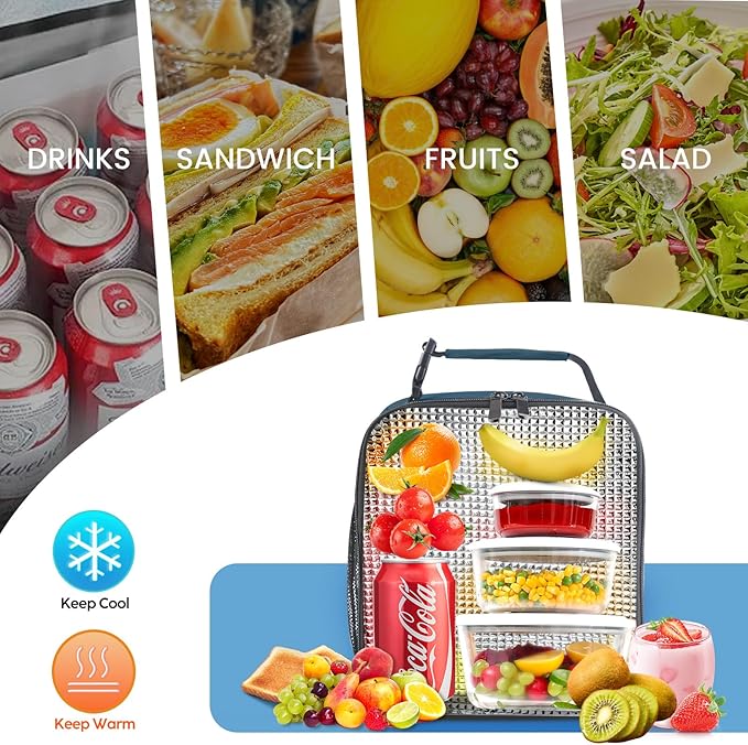 Lunch Bag for Men/Women, Reusable Lunchbox for Adult, Small Insulated Lunch box, Lunch Tote Bag for Office, Work, Picnic - Blue