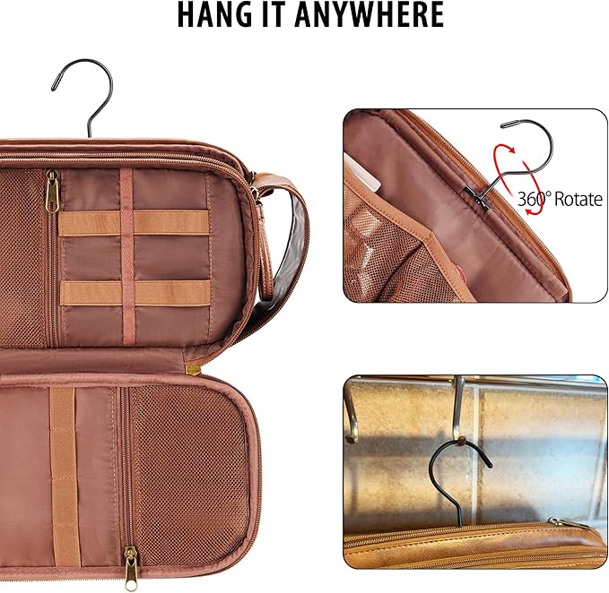 Travel Toiletry Bag for Men, Large Hanging Toiletries Organizer Bags for Women, Cruise Ship Essentials, Water-resistant Shaving Case, PU Leather Makeup Accessories, Cosmetic Dopp Kit, Brown