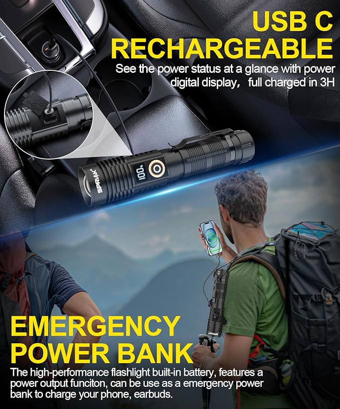 Rechargeable Flashlight High Lumens-12000LM Super Bright Magnetic Flash Light with Power Digital Display,3280Ft Long Range,Dimmable,Waterproof,Pocket Handheld Tactical LED Flashlights for Emergency