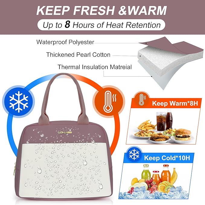 LOKASS Lunch Bag for Women-Insulated Adults Lunch Box with Front Pocket- Small Cute Lunch Tote for Work-Reusable Cooler Bag for Office Picnic Beach or Travel (Pink Purple)