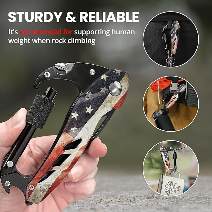 Multitool Carabiner Knife Tools for Men, Cool Gadgets Survival Gear with Folding Knives, Bottle Opener, Window Breaker and Screwdriver for Hiking Camping, 7-in-1 EDC Multi Tool (USA Flag)