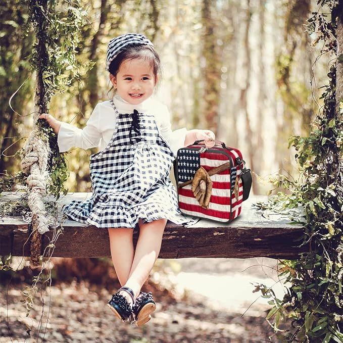 Baseball Usa Flag Insulated Lunch Bag for Girls Boys Teen Reusable Lunch Box with Shoulder Strap Freezable Thermal Cooler Bag Meal Prep Boxs for School Travel Picnic Beach Lunch Pail