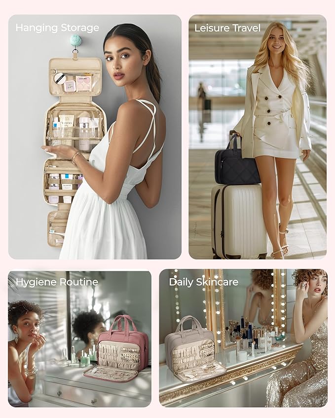 BAGSMART HangingToiletry Bag for Women, Puffy Travel Toiletry Bag with Jewelry Organizer, Waterproof Cosmetic Makeup Bag Compartment, Toiletries Kit Set for Traveling, Accessories, Essentials (Large)