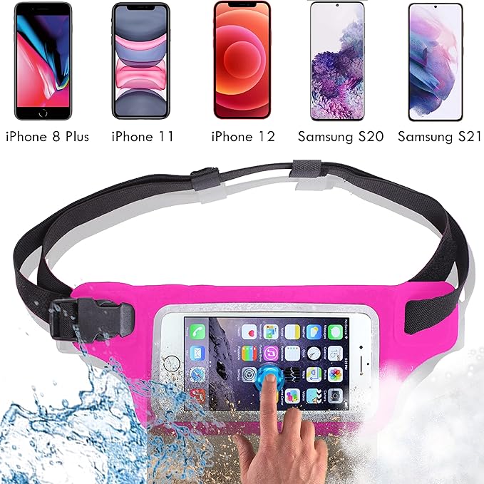 Ultimate Pink Waterproof Running Swimming Belt: Phone & Essentials Holder for Gym, Beach, Kayaking, Ski! Fits iPhone, Samsung - Touchscreen, IPX8 Rated Dry Waist Pouch - Adventure-Ready Performance!