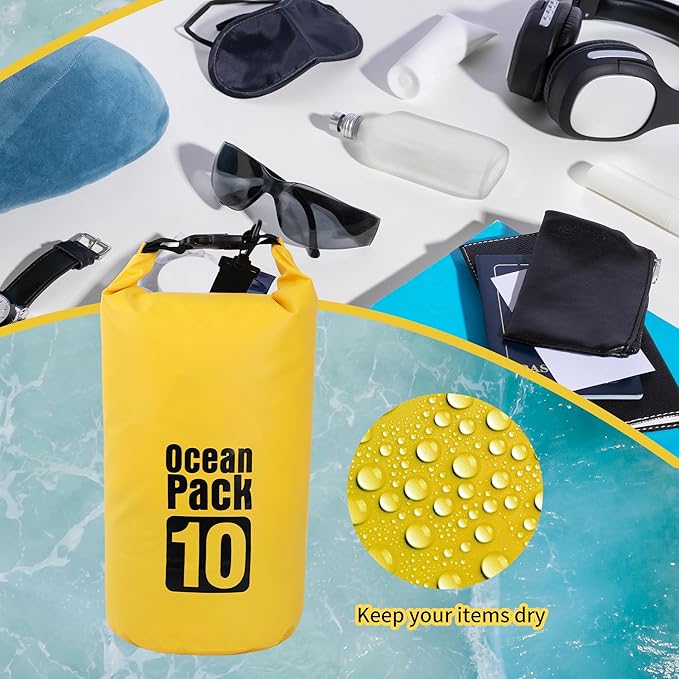 Dry Bag Waterproof for Women Men,10L Rolled Lightweight Dry Storage Bag Backpack with Phone Case for Travel,Swimming,Boating, Kayaking,Camping & Beach,Yellow