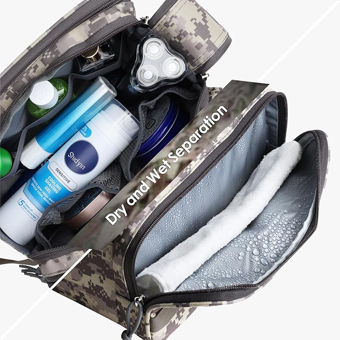 TACTICISM Toiletry Bag for Men - Extra Large Dry Wet Separate Bathroom Bag, Tactical Molle Dopp Kit for Men, Water-Resistant Mens Shower Bag for Travel, ACU Camo