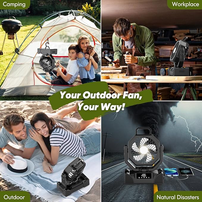 Portable Rechargeable Fan, 20000mAh Battery Powered Fan with LED Light, Camping Fans for Tent Remote Control, 5 Speed & Hook, 10-inch Outdoor Cordless Fans for Travel,Home, Beach, Power Outage - Black