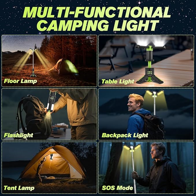 Telescopic Camping Lights with Stand, 5000LM Rechargeable LED Flashlight, 9 Color Modes, Collapsible Tent Lantern with Reflective Strips, Magnetic Base for Power Outages, Camping & Emergency