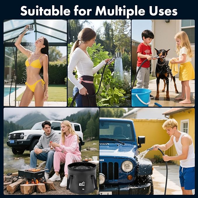 Portable Shower for Camping 6000mAh Rechargeable Shower Pump with Intelligent LED Display & 20L Foldable Bucket 4 Spray Modes Outdoor Shower Head IPX7 Waterproof for Hiking, Travel, Car, Pet, Beach