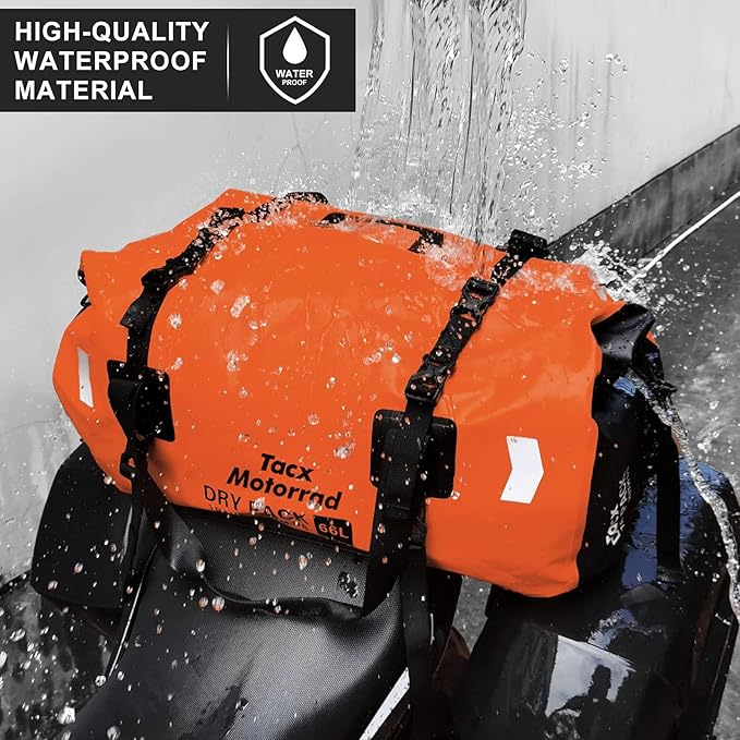Waterproof Duffel Bag for Men/Women, Roll-top Dry Backpack Duffel Bag with Quick-fixed Straps, Motorcycle Tail Saddle Bag for Motorcycling, Rafting, Boating, Kayaking, Travel, 66L-Orange