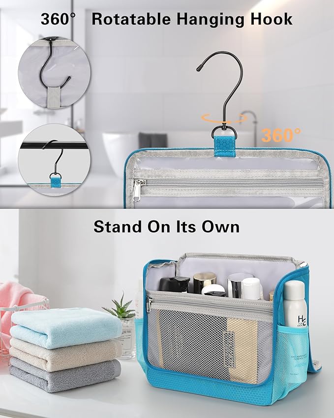 Relavel Toiletry Bag for Men, Hanging Travel Makeup Bag for Women, Waterproof Large Cosmetic Organizer Multiple Compartments for Accessories, Full Sized Toiletries, Dopp Kit Shaving Bag (Blue, Medium)