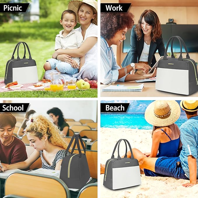 LOKASS Lunch Bag for Women-Insulated Adults Lunch Box with Front Pocket- Small Cute Lunch Tote for Work-Reusable Cooler Bag for Office Picnic Beach or Travel (Dark Grey)