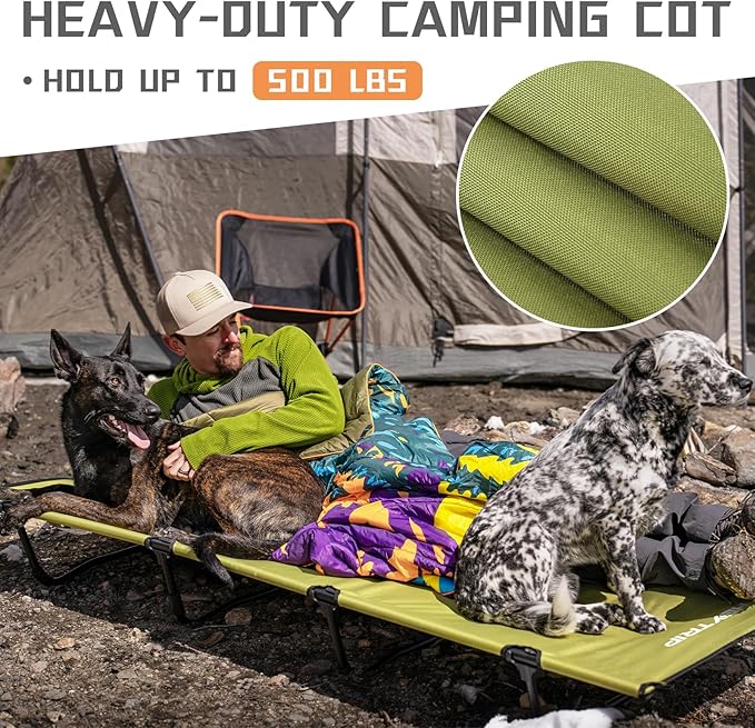 HEYTRIP Extra-Wide Camping Cot, Upgrade Sturdy Camping Bed, XXL Cots for Sleeping Support 500lb, Folding Cot with Side Pocket, Carry Bag Ultralight Backpacking Cot for Travel(Green)