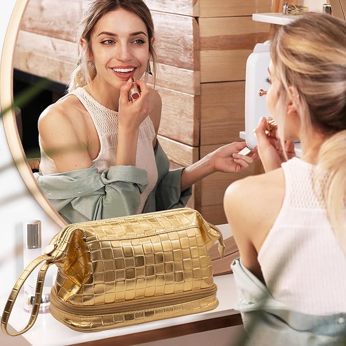 Abiudeng Large Capacity Makeup Bag Ladies Cosmetic Bag Travel Bag with Compartments Portable PU Leather Travel Makeup Bag with Handle