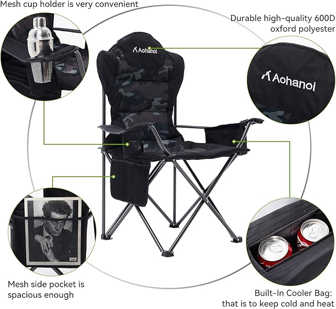 Camping Chairs for Heavy People, Folding Chairs for Outside Outdoor Folding Chairs with Cup Holder & Cooler Bag, Camp Chairs Supports up to 300lbs (1 PC, Camo)