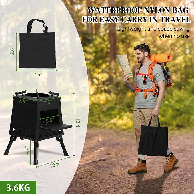 Outvita Camping Wood Stove, 10.6" Portable Folding Wood Burning Stove, Alloy Steel Backpacking Stove for Hiking, Outdoor Survival Stove Emergency for Picnic, Cooking Outside BBQ