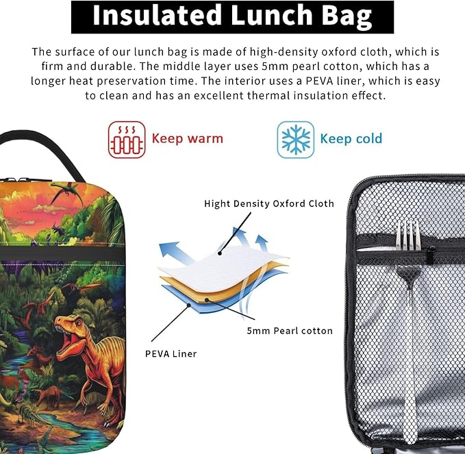 Dinosaur Lunch Bag Insulated Reusable Lunch Box Thermal Cooler Tote For Men Women Work Travel Picnic Hiking