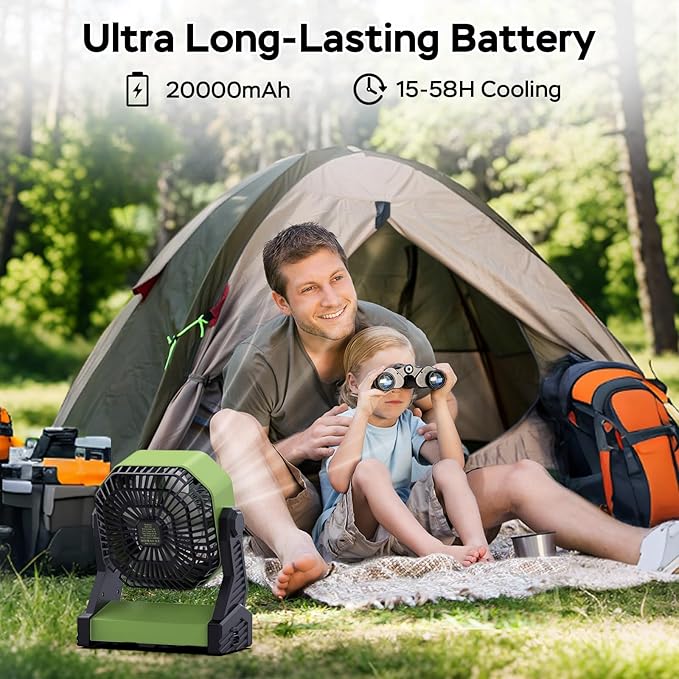 Portable Battery Operated Fan, 20000mAh Rechargeable Camping Fan, 58H Cooling, Tilt Head, 4 Speed Floor Fan with LED Light and Hook for Tent Car Travel Jobsite Fishing Outdoor Hurricane Power Outage