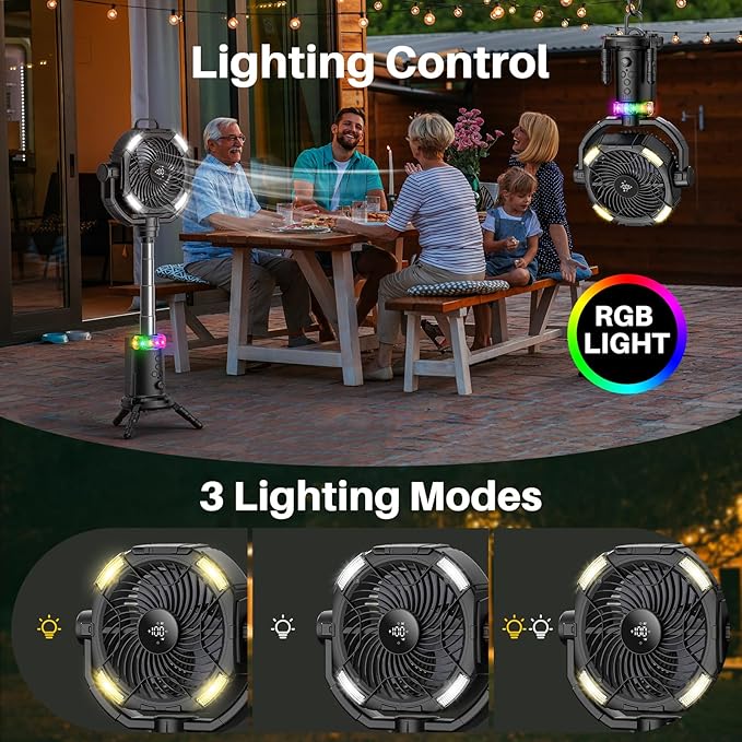 Portable Camping Fan, 20000mAh Rechargeable Fan with Lights, Battery Powered, with Remote &Hook, Height Adjustable, 360° Oscillation, for Outdoor, Tent, Travel, Fishing