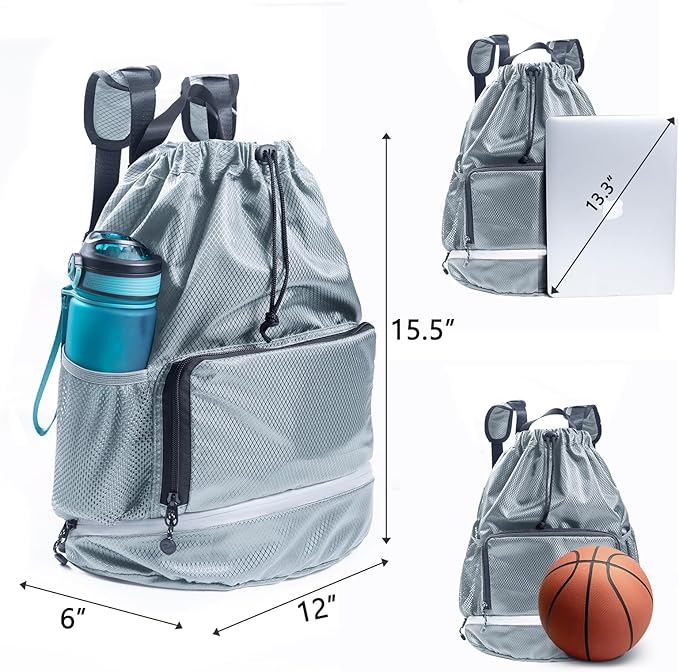 Swim Bag Beach Backpack Sports Drawstring Backpack - Gym Bag with Shoes Compartment and Waterproof Pocket for Gym Accessories, Swim Essentials - Kids Swim Backpack Mens Beach Bag, Workout Bag