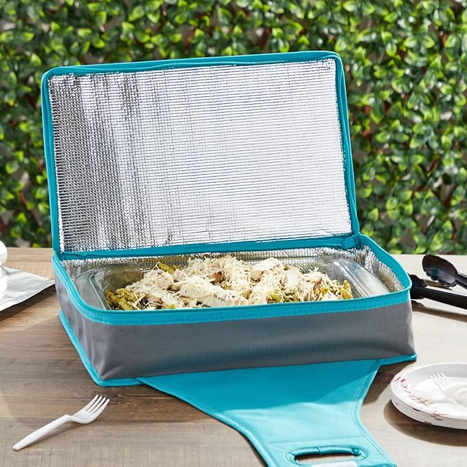 Juvale Thermal Insulated Casserole Carrier - Food Warmer Bag Container to Keep Food Hot for Lunch, Potluck Dish, Picnics, Pie, Transport (Teal and Gray, 16x10x4 in)