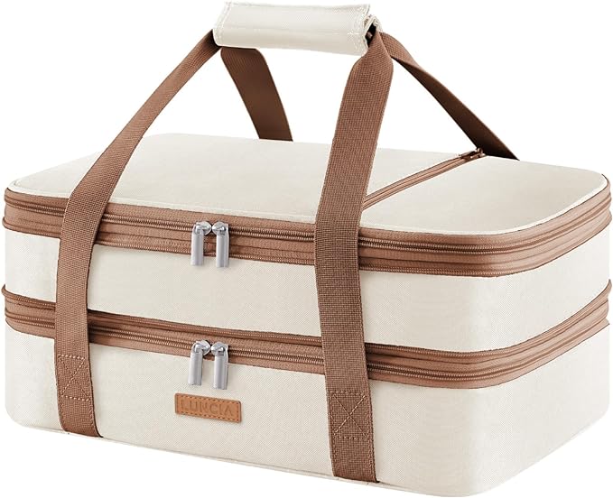 Double Decker Insulated Casserole Carrier for Hot or Cold Food, Lasagna Lugger Tote for Potluck Parties/Picnic/Cookouts, Fits 9"×13" Baking Dish, Cream