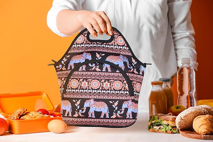 Violet Mist Neoprene Lunch Bag with Pocket Shoulder Strap for Women Men - Elephant Food Handbag Tote