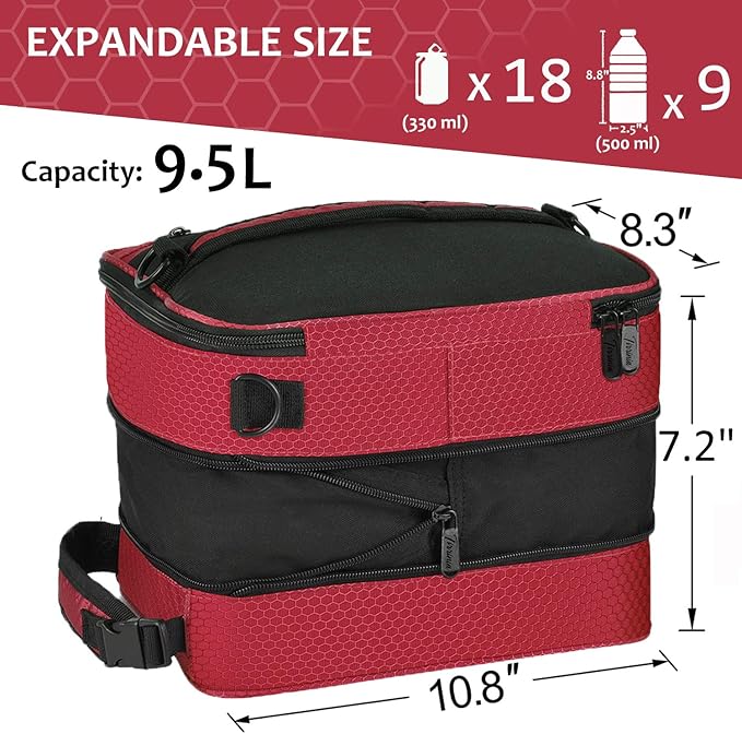 Expandable Insulated Lunch Bag, Leakproof Flat Lunch Cooler Tote with Shoulder Strap for Men and Women, Suitable for Work & Office, Red