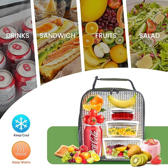 Lunch Bag for Men/Women, Reusable Lunchbox for Adult, Small Insulated Lunch box, Lunch Tote Bag for Office, Work, Picnic - Green