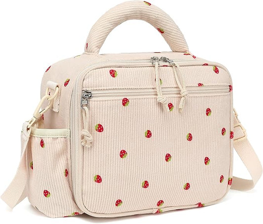 LOIDOU Lunch Box for Kids Girls Cute Corduroy Insulated Lunch Bag Thermal Meal Tote Reusable Lunch Pail Bags for School Travel (Corduroy Strawberry Beige)