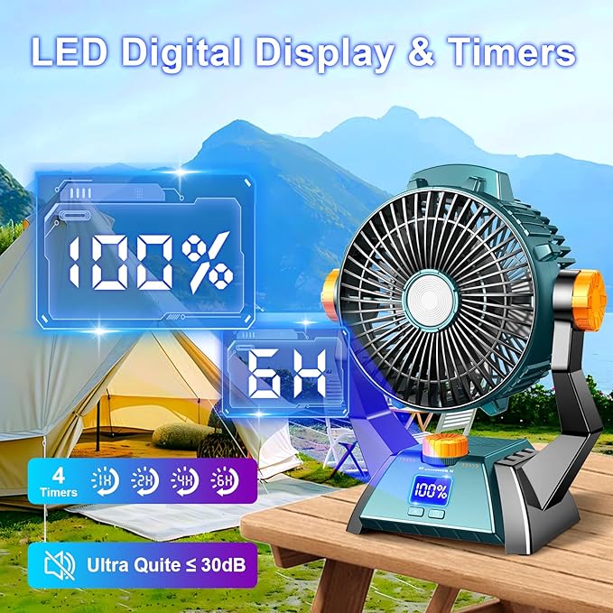 Camping Fan - Rechargeable Portable Battery Powered Camping Fans for Tents with LED Light, Power Display, Timers & 360° Hanging Hook, Ultra Quiet USB Personal Tent Fan for Fishing Travel Home Office