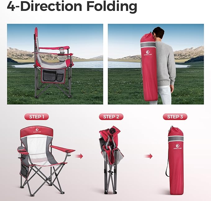 ALPHA CAMP Oversized Mesh Back Camping Folding Chair Heavy Duty Support 350 LBS Collapsible Steel Frame Quad Chair Padded Arm Chair with Cup Holder Portable for Outdoor (Red/Grey)