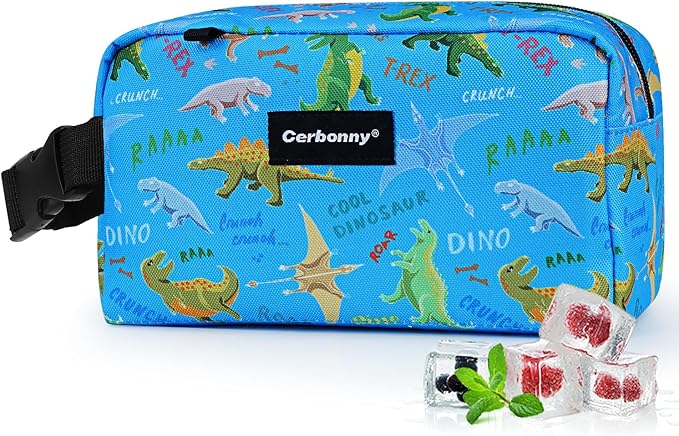 Cerbonny Small Insulated Freezable Cooler Bag for Work, School & Travel; Fit For Yogurt & 3+ (Blue Dinosaur)