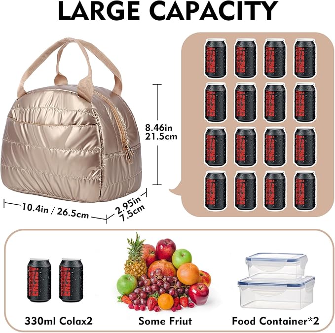 Lunch Bag Lunch Box for Women Men Adult Insulated Cute Small Quilted Puffer Lunchbox Reusable Thermal Lunch Cooler Tote Bag for Work, Picnic or Travel-Gold