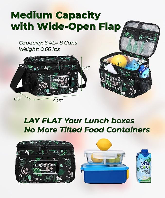 SUNNY BIRD Insulated Lunch Bag with Foldable and Leakproof Design, Thermally Insulated, Shoulder Strap for Women, Men and Teen (Floral & Foliage)