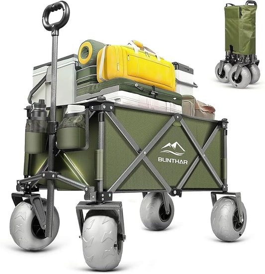 Beach Wagon, Heavy Duty Collapsible Folding Wagon with All-Terrain 9" Pneumatic Tires & Drink Holders, Utility Grocery Wagon for Garden Sports Camping Outdoor Activities Green