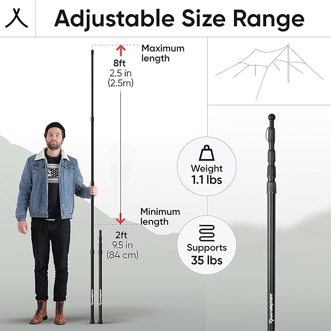 Green Elephant Camping Tarp Poles - Adjustable Aluminum Telescoping Tent Poles for Tarps, Canopy & Awning - Heavy Duty Collapsible Pole Set of 2 - Extends 8ft, Shrinks to 2ft - Caravan & Beach Shade