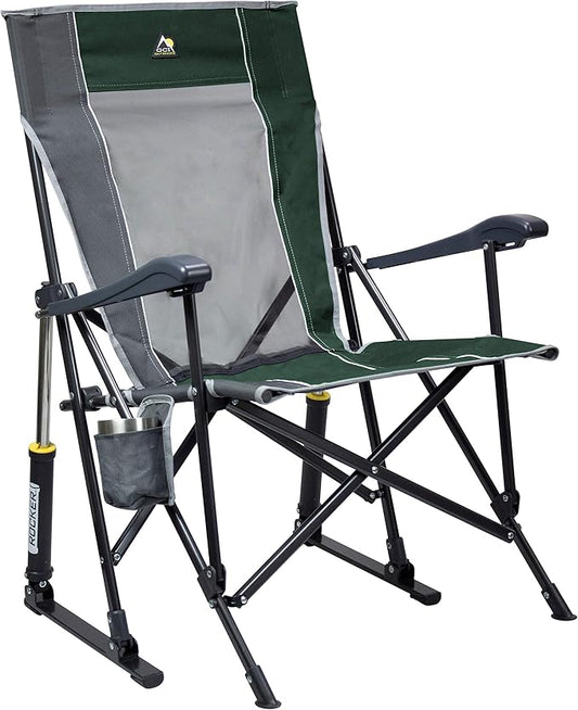 GCI OUTDOOR Roadtrip Rocker Camping Chair | Portable, Folding Rocking Chair with Solid, Durable Armrests, Drink Holder & Comfortable Extended Backrest — Hunter Green