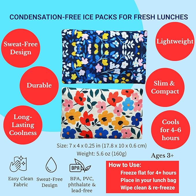Yumbox Reusable Soft Ice Packs with Fabric Sleeve for Lunch Box and Cooler, Sweatproof, Pack of 2 Gel Ice Packs (Flowers)