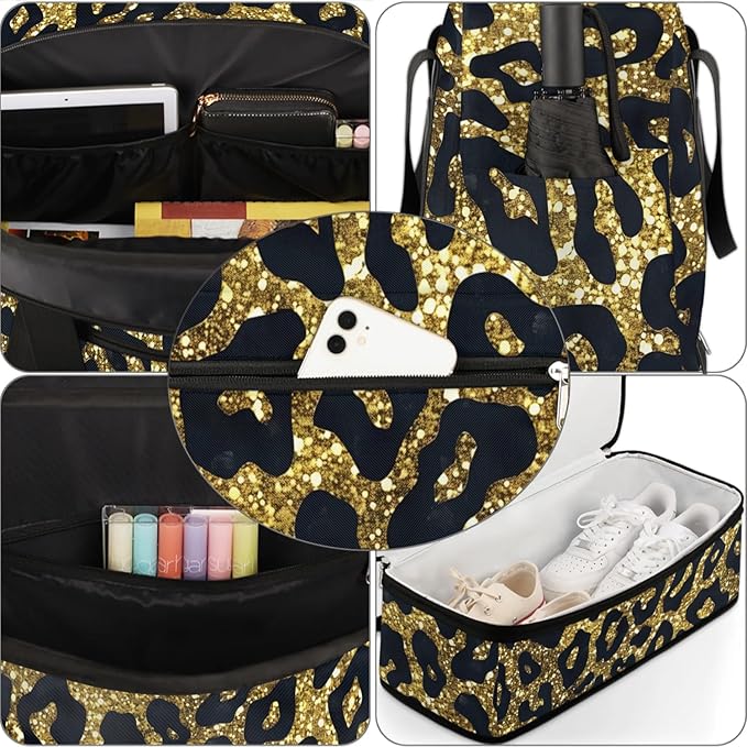 cfpolar Woman Travel Duffel Bag Gold Sequin Leopard Print Foldable Tote Carry On Luggage Sports Gym Bag With Shoe Compartment Overnight Weekend Yoga Workout Bag Training Handbag