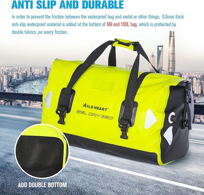 WILD HEART Waterproof Motorcycle Duffel Bag PVC500D Double-bottom With Rope Straps and Inner Pocket 40L 66L 100L for Kayaking, Camping, Boating,Motorcycle