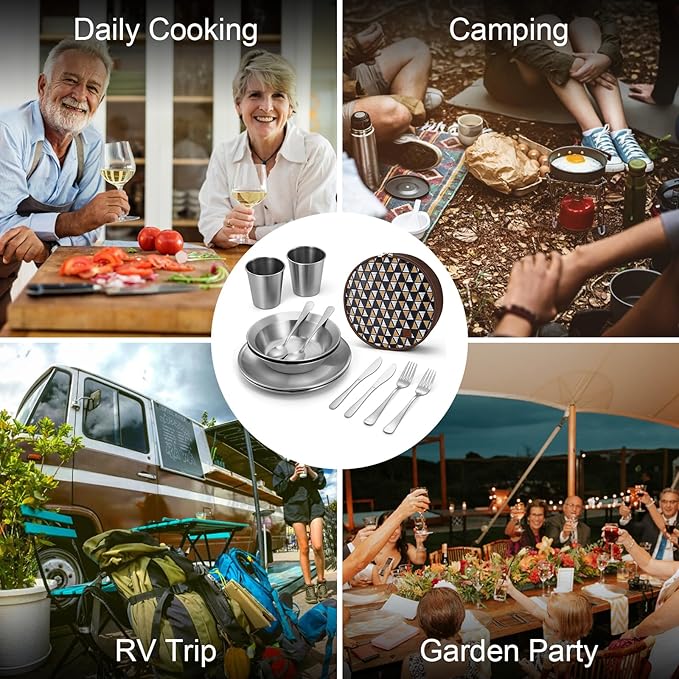 Odoland Camping Complete Messware Kit, Polished Stainless Steel Camp Dinnerware, Camping Cooking Tableware, Cutlery Organizer Utensil with Plates and Bowls Set for Backpacking, Hiking, Picnic