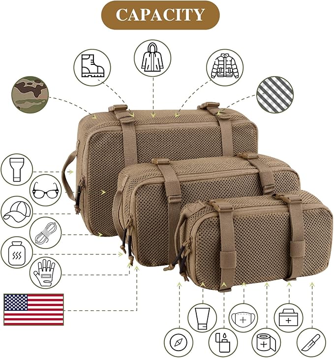 PETAC GEAR 3 PCS Tactical Modular Packing Cubes, Large Capacity Mesh Storage Bag,Outdoor Travel Organize Storage Pouches Bags.