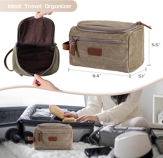 Travel Toiletry Bag for Men, Large Water-resistant Shaving Bag Toiletries Organizer, Canvas Dopp Kit, Multi-functional and Stylish, Bathroom Dopp Kit Shaving, Ideal for Travel, Camping, Gym- Green