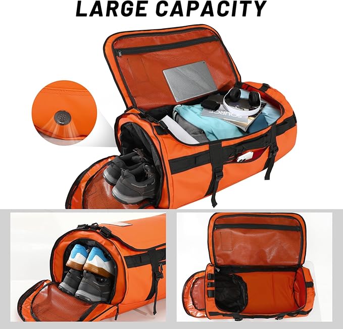 MIER Large Duffle Backpack Sports Gym Bag with Shoe Compartment, Heavy Duty and Water Resistant, Orange, 60L