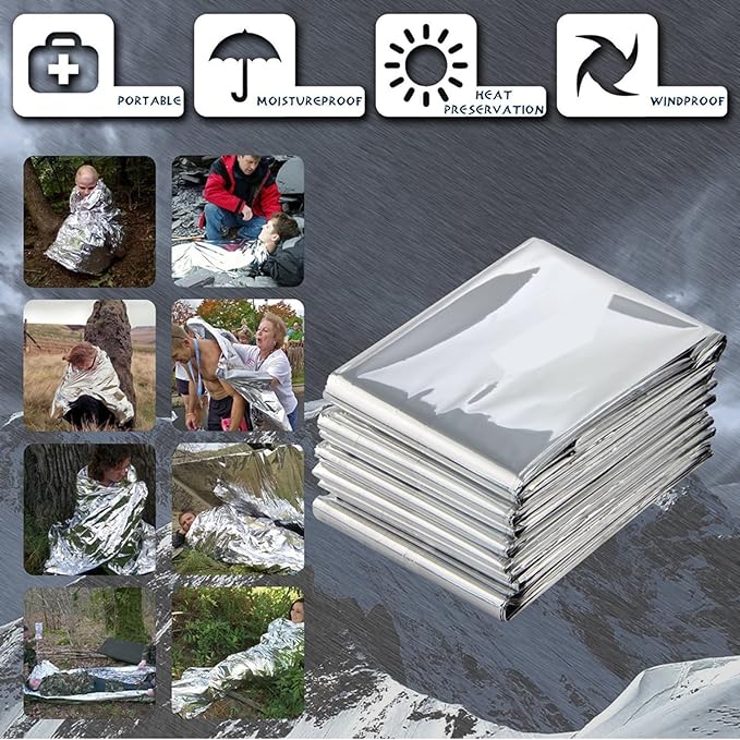 Emergency Foil Blanket (Pack of 100), Survival Thermal Mylar Blankets Individually Packaged Perfect for Outdoors, Hiking, Survival, Marathons or First Aid