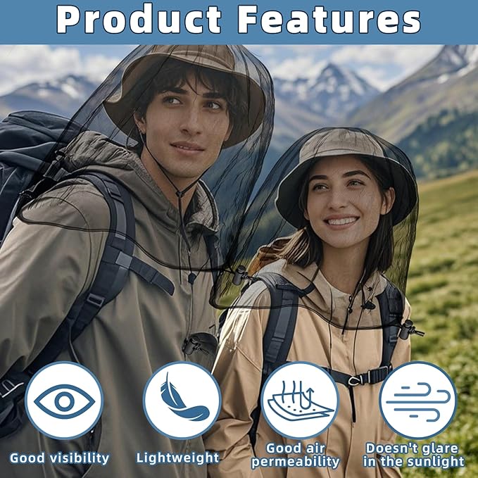 Oversized Mosquito Net 42 x 25 Inches Ultra Large Mosquito Head Net Face Neck Fly Mesh Netting Fits All Hats for Outdoor Camping Hiking Fishing Gardening Safari(Black)
