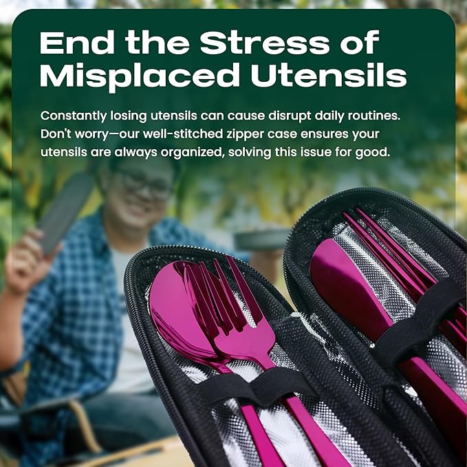 Portable Travel Silverware Set With Case, Includes 5 Pcs of Travel Utensils With Case, Stainless Steel Flatware Set For Camping, Easy to Travel, Lightweight (Purple), Medium, TL-05P
