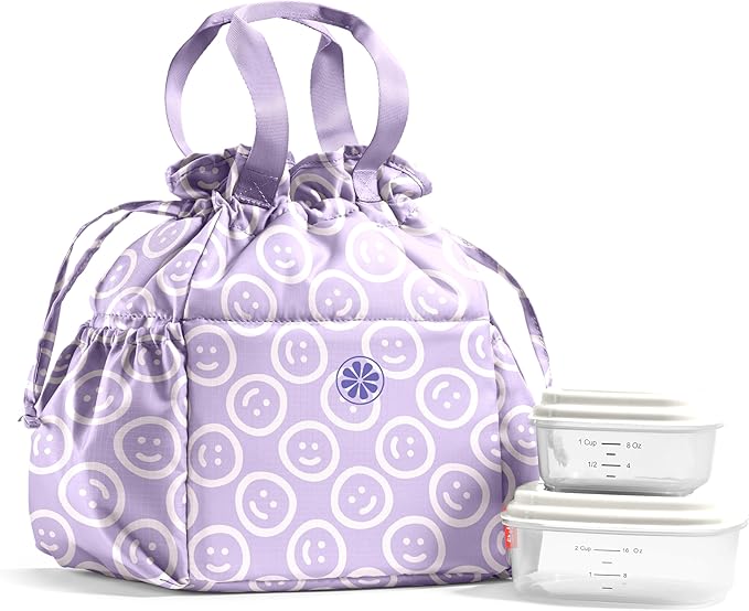 Fit & Fresh Lunch Bag For Women, Insulated Womens Lunch Bag For Work, Stain-Resistant Large Lunch Box For Women With Containers, Cinch Closure Cromwell Bag, All Smiles Lavender